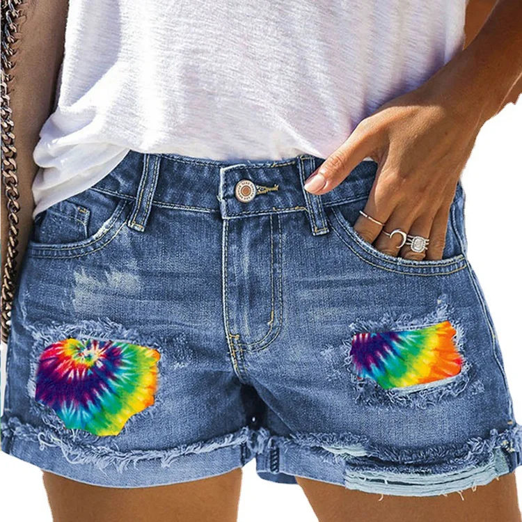 Tie-dye Printed Cuffed Ripped Denim Shorts