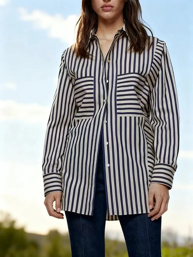 Plus Size Asymmetrical Striped Patchwork Shirts Spring