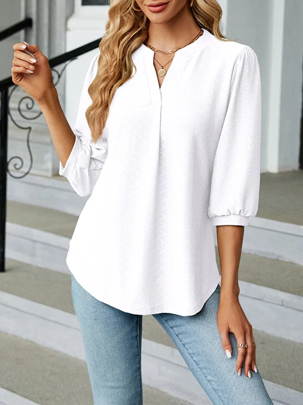 Jacquard Pleated Solid Color Split-Joint Loose Puff Sleeves V-Neck T-Shirts Tops