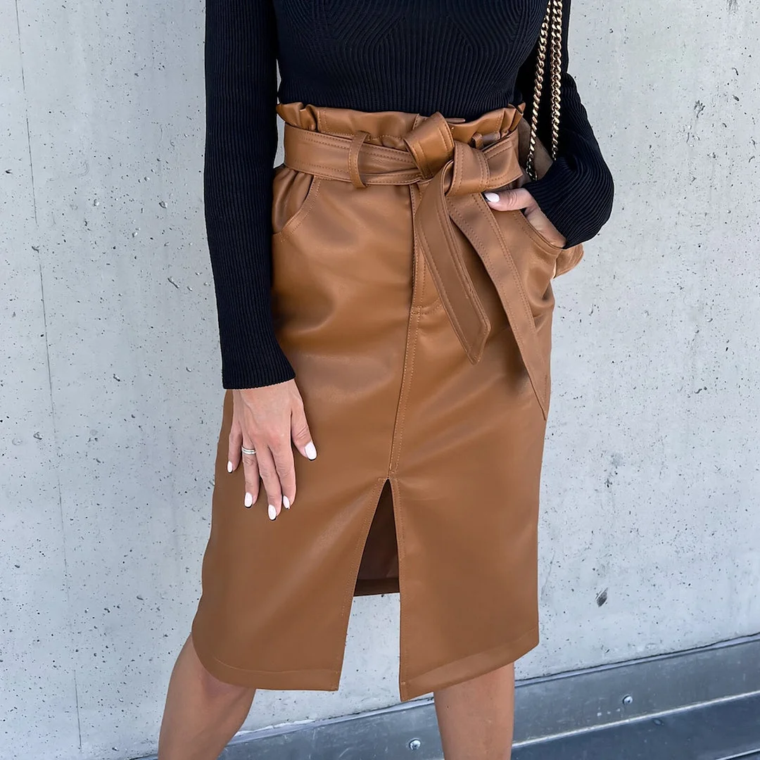 wsevypo Office Lady High Waist Drawstring Split PU Skirts Fashion Elegant Women's Faux Leather Wrap Bodycon Skirts Knee-Length
