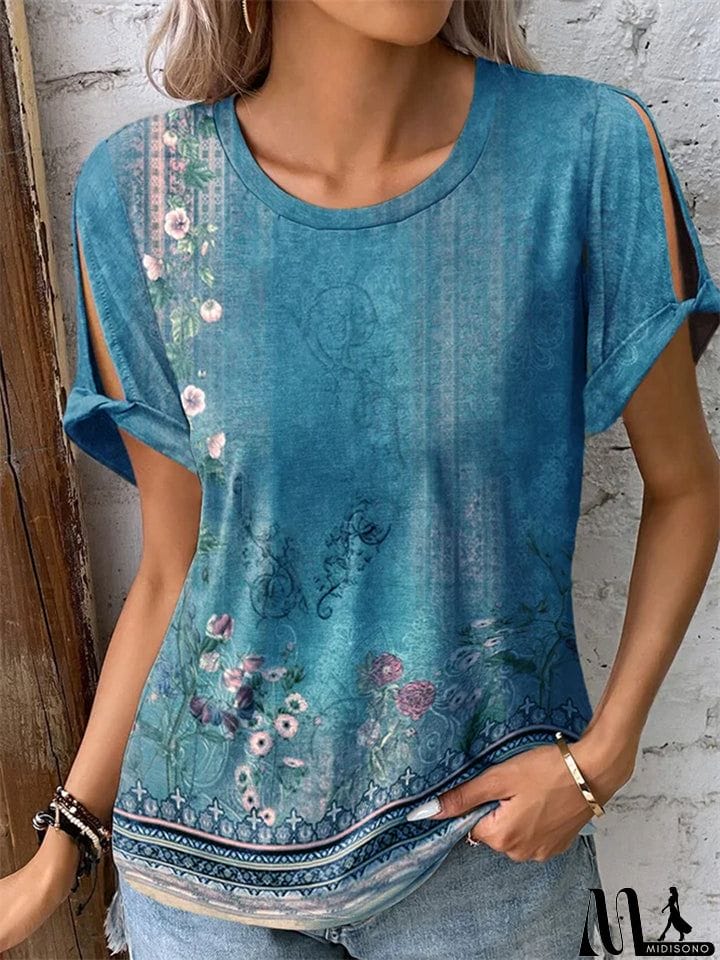 MidiSono - Women's Floral Printed Short-sleeved Ethnic Style Shirts