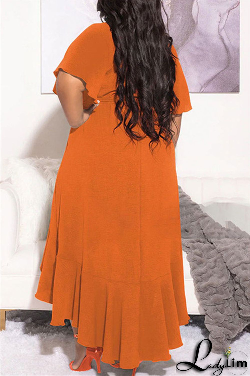 Blue Fashion Casual Solid Bandage Flounce V Neck Irregular Dress Plus Size Dresses