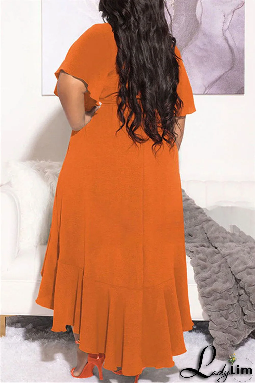 Blue Fashion Casual Solid Bandage Flounce V Neck Irregular Dress Plus Size Dresses