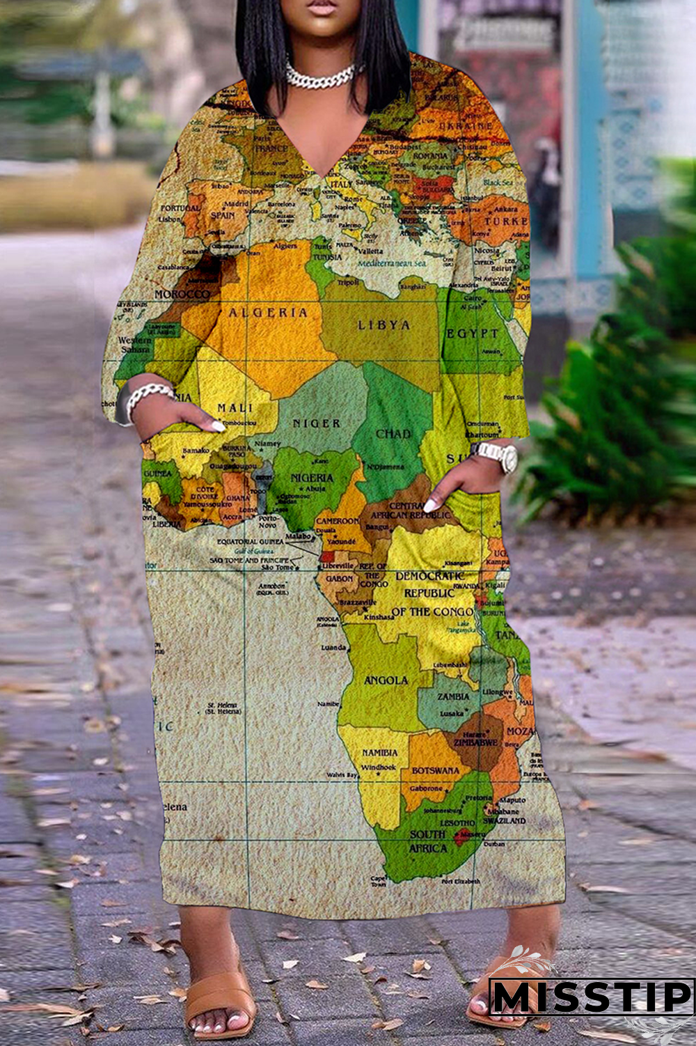 Blue Casual Print Patchwork V Neck Straight Dresses