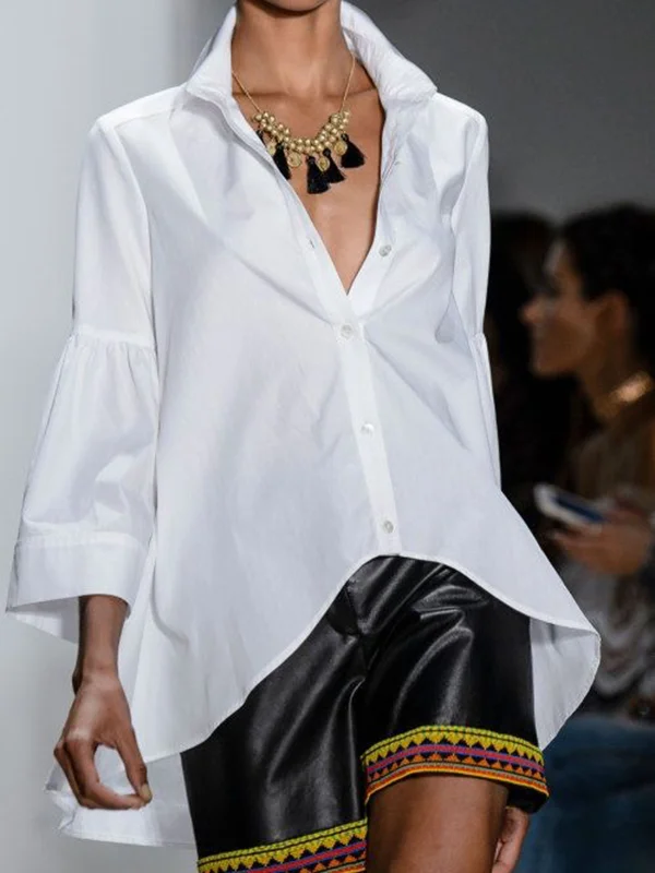 Buttoned Solid Color Flared Sleeves Long Sleeves Lapel Blouses&shirts Tops