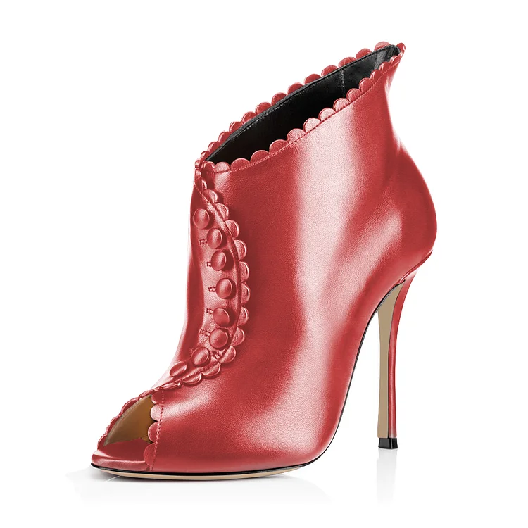 Red Laciness Fashion Boots Peep Toe Buttoned Stiletto Ankle Boots |FSJ Shoes