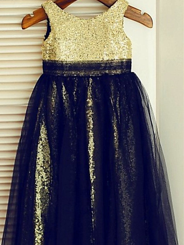 Oknass Ball Gown Sleeveless Jewel Neck Flower Girl Dresses Lace With Color Block Paillette Sequins