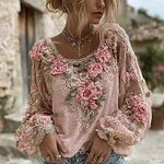 Women's Pink Rose Embroidery Art Round Neck Long Sleeve Linen Blend T-shirt - Image 3