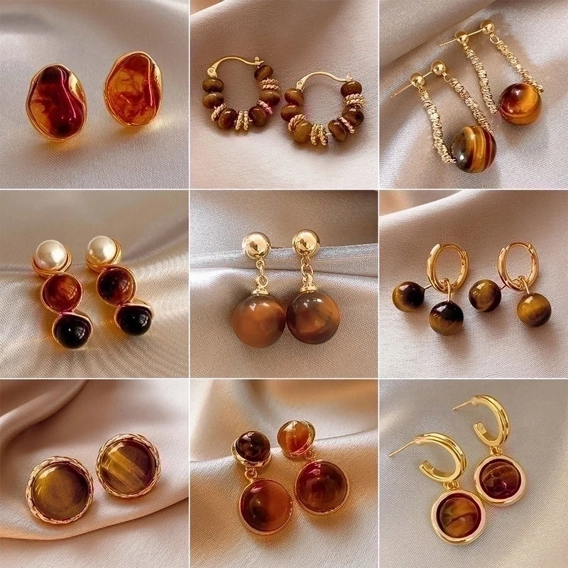 1 Pair Elegant Minimalist Geometric Plating Tiger Eye Drop Earrings Ear Studs