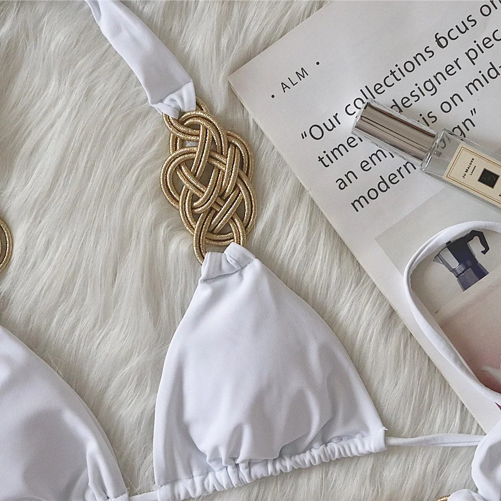 Uveng Uveng New Bikini Solid Color Split Swimsuit Sexy Hand-Woven Women's Swimsuit