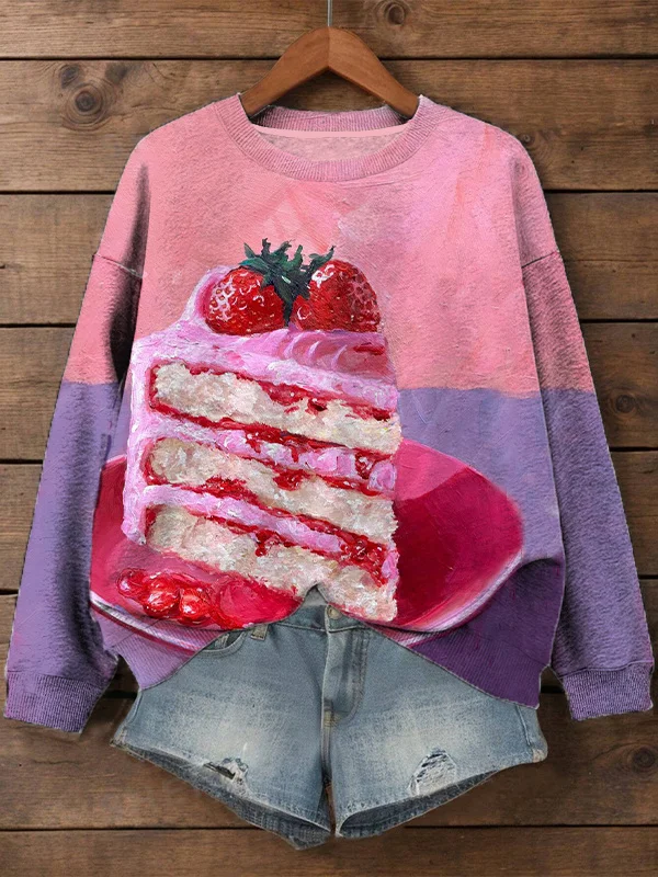 Women's Strawberry Cake Art Print Casual Sweatshirt