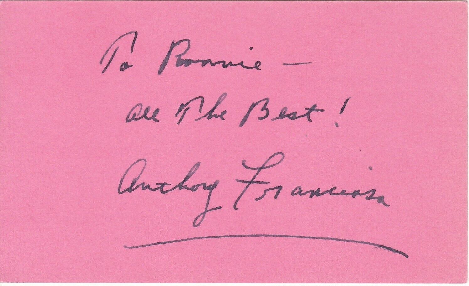 ANTHONY (TONY) FRANCIOSA hand-signed 3x5 INDEX CARD w/ uacc rd coa AUTHENTIC