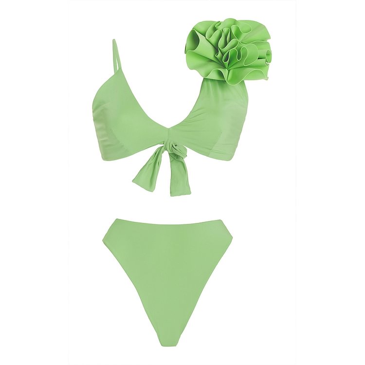 Flaxmaker Green Shoulder Flower Decor Bikini Swimsuit