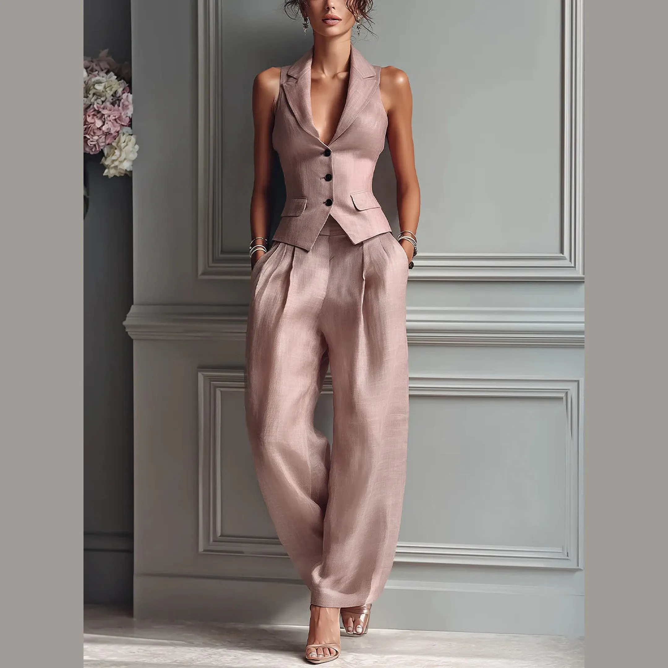 Women's Soft Tailored Two-Piece Trouser Set &ndash; V-Neck Co-ord