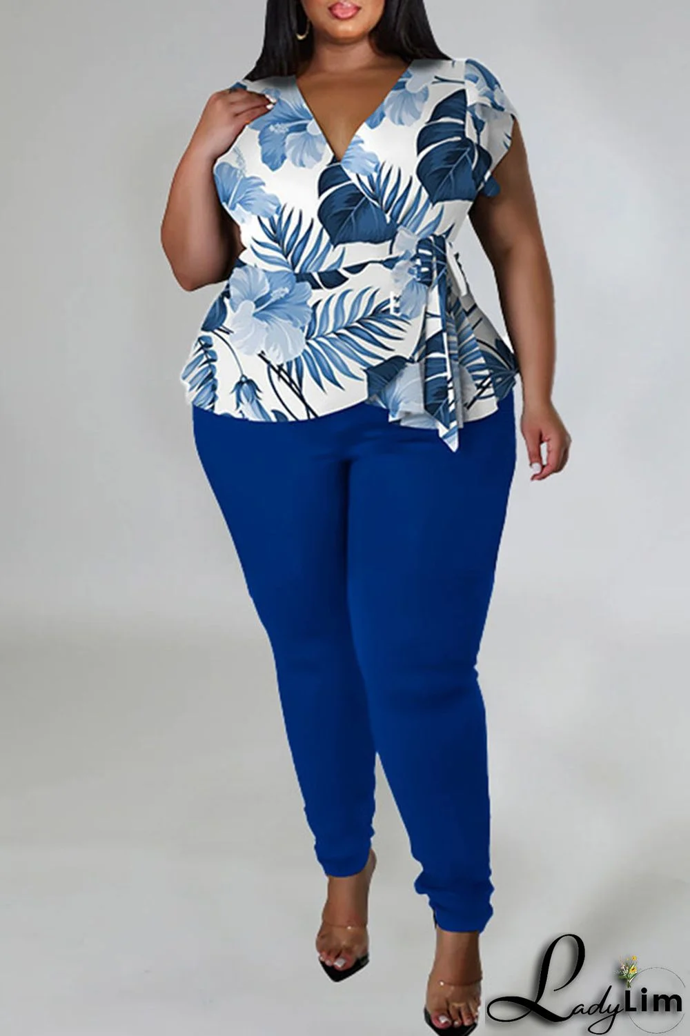 Red Casual Print Bandage Patchwork V Neck Plus Size Two Pieces