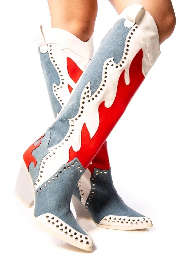 Knee High Boot Women Patchwork Rivet Long Booties Lady Pointed Toe High Heel Shoes