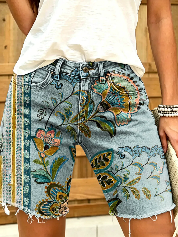 Women's Retro Ethnic Floral Art Print Mid-Length Denim Bermuda Shorts with Frayed Hem