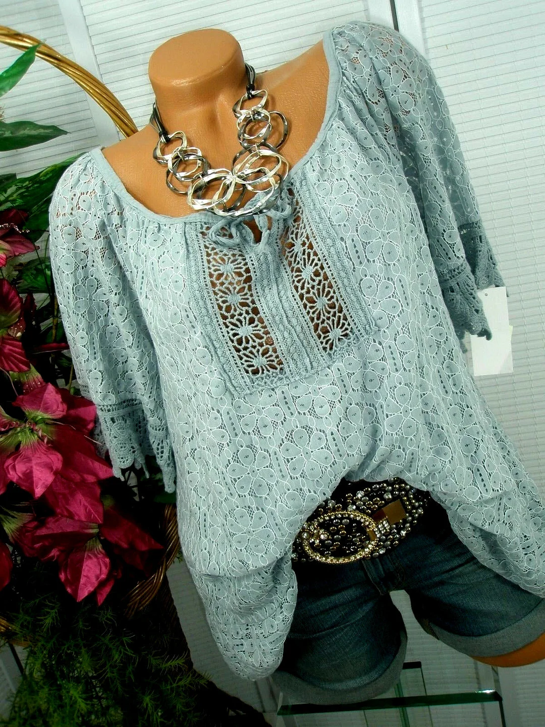 Women's Lace Solid Color Short Sleeve Scoop Neck Tops