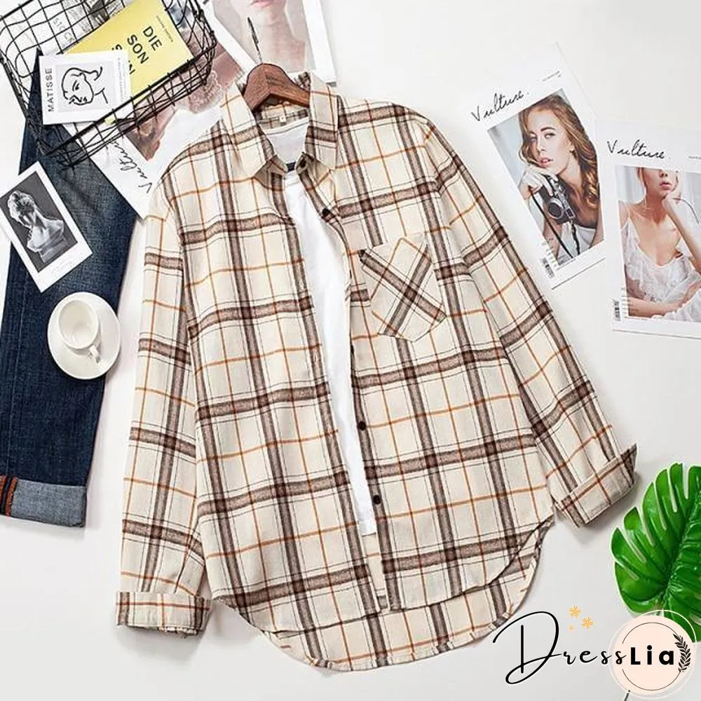 Plaid Shirts Womens Blouses Long Sleeve Lady Checked Tops Loose Female Outwear Casual