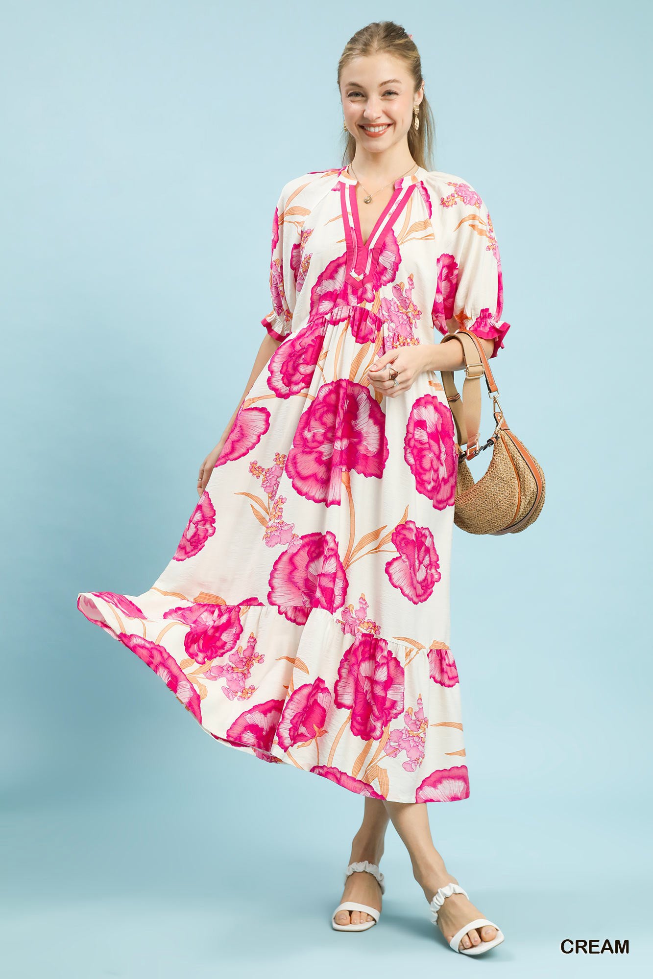 Umgee Floral Print Midi Dress with Contrast Trim mysite idetrend
