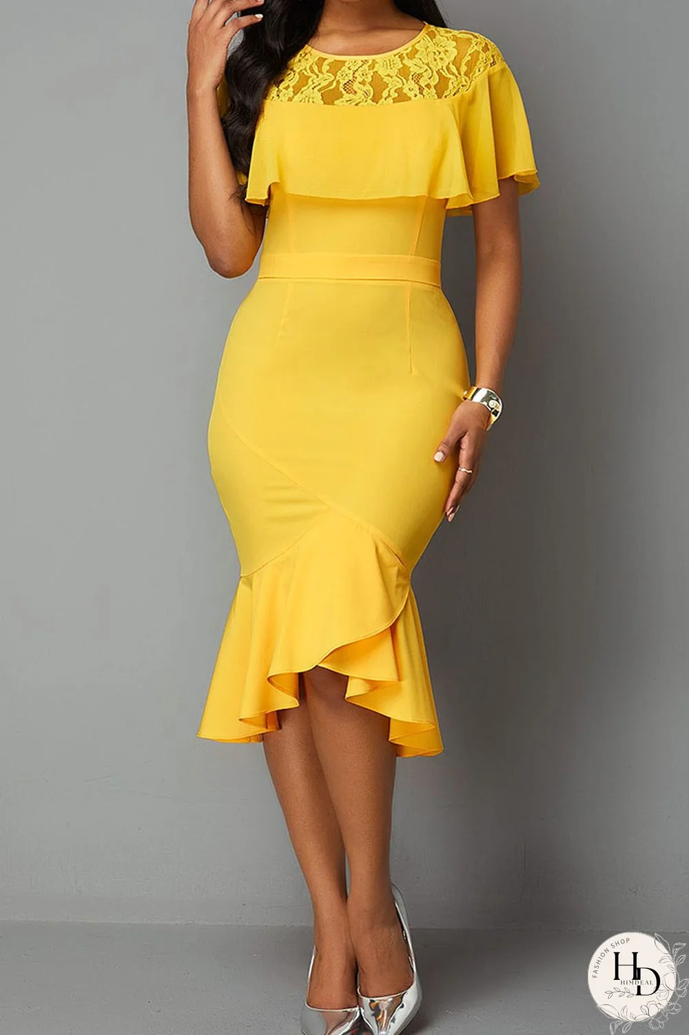 Yellow Work Solid Patchwork Flounce Asymmetrical O Neck Dresses