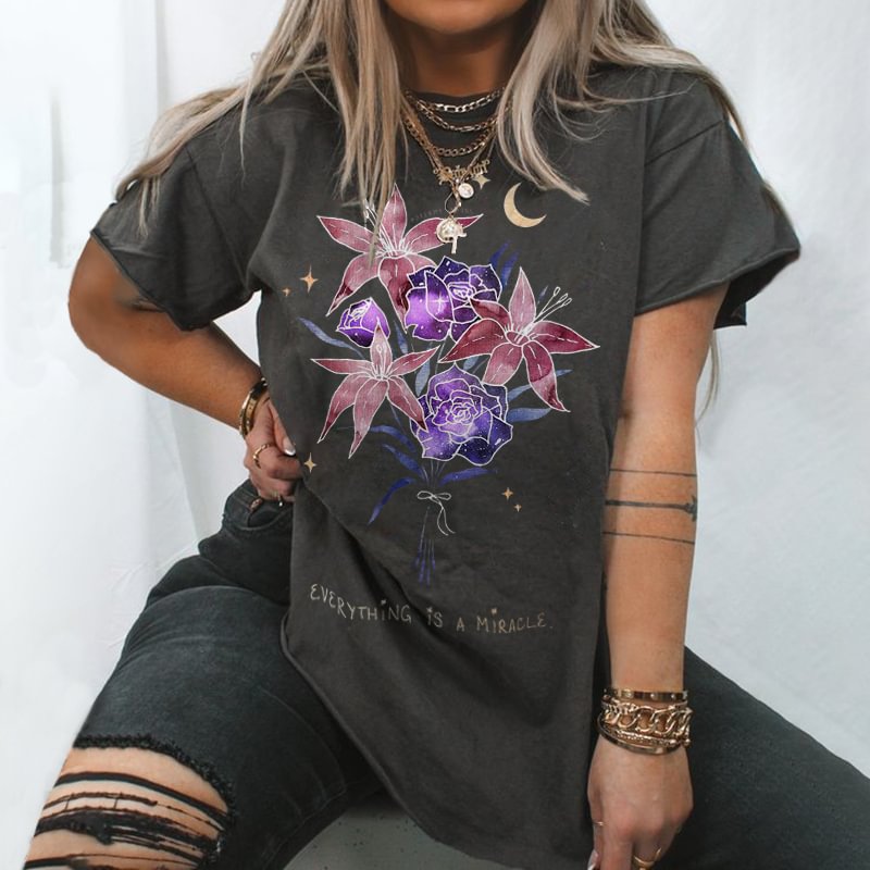   Flower moon graphic women casual crew neck tees designer - Neojana