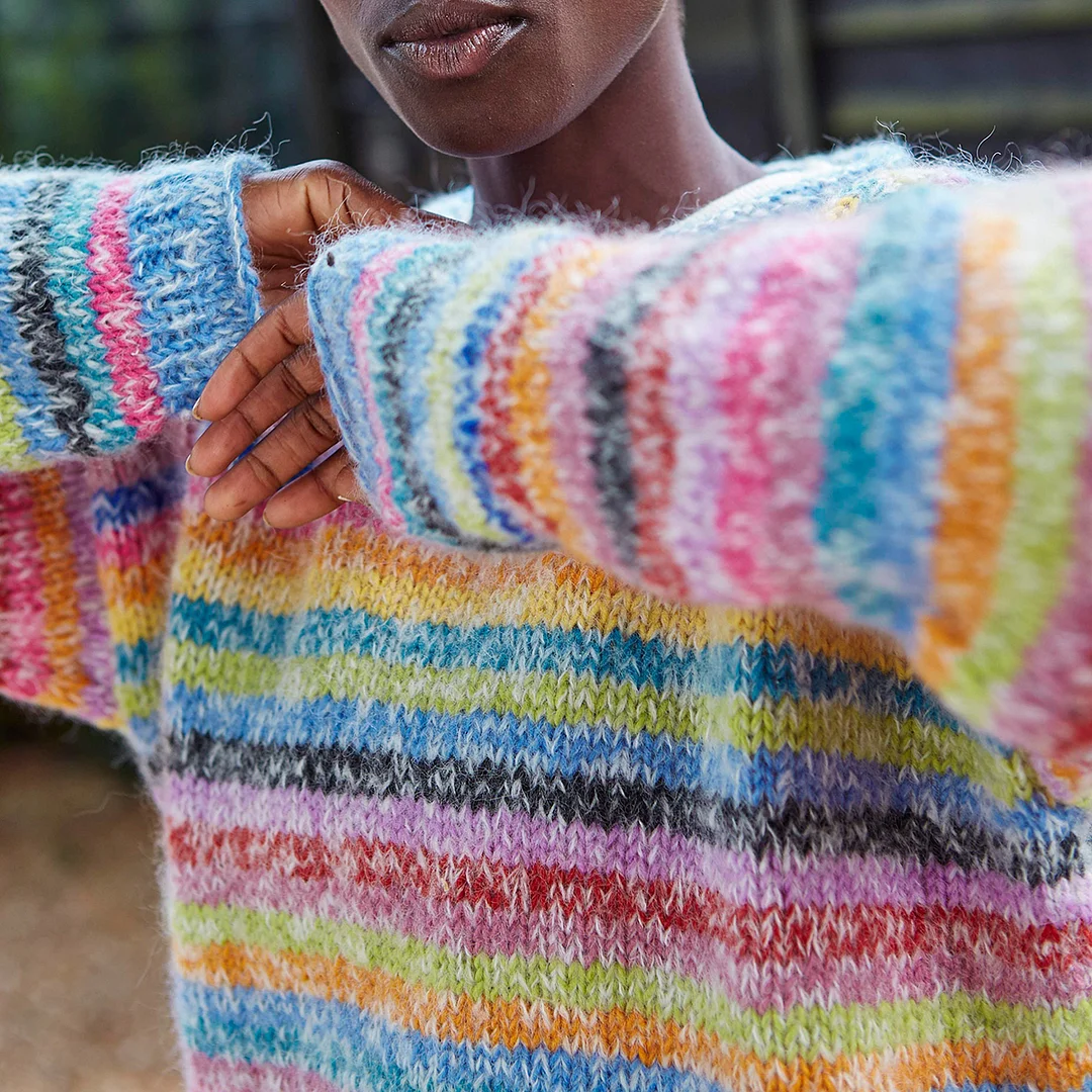 Vintage Mohair Rainbow Stripe Knit Jacquard Crew Neck Sweater