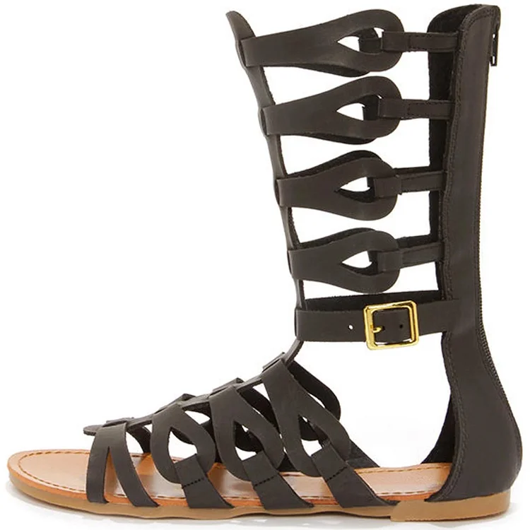Black Gladiator Sandals Open Toe Comfortable Flats for Women |FSJ Shoes
