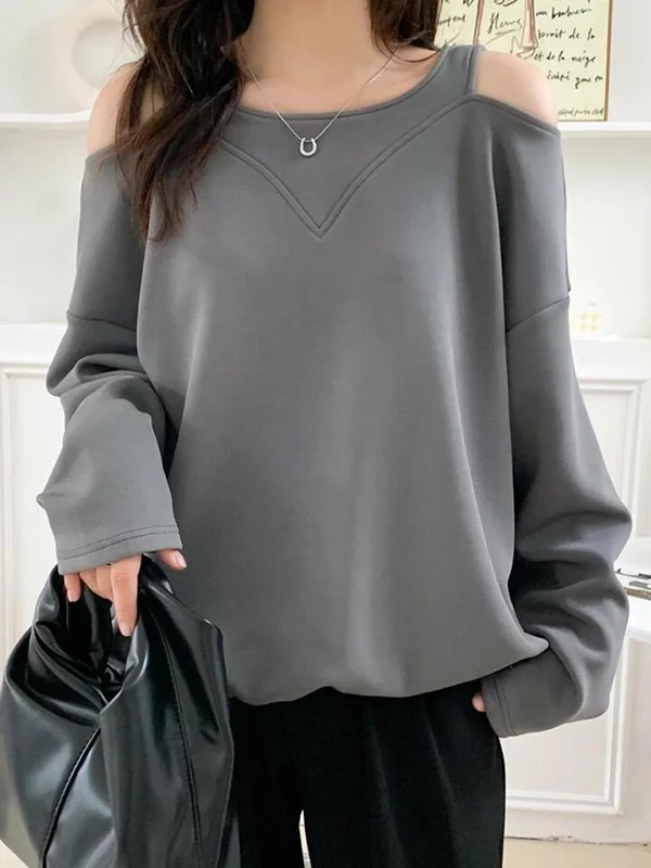 Hollow Solid Color Long Sleeves Loose Cold Shoulder T-Shirts Tops