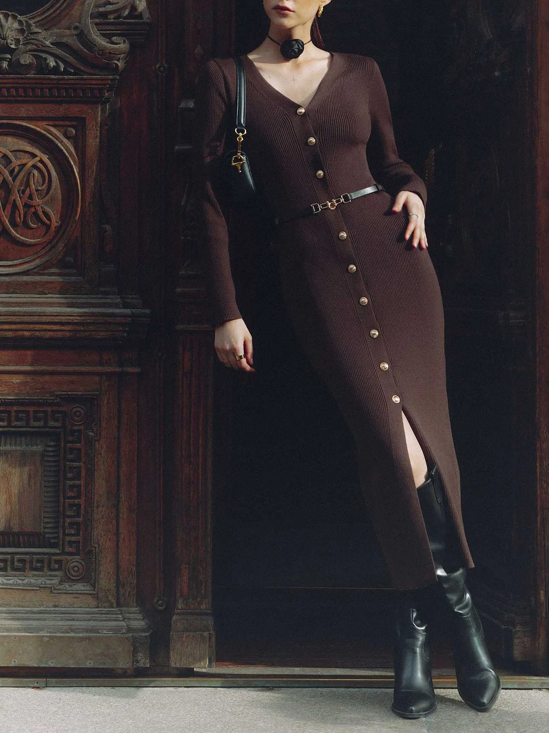 Uveng Uveng Long-Sleeved Knitted Dress Button-Button Fork 2024 Bag-Button Sweater Cardigan Skirt