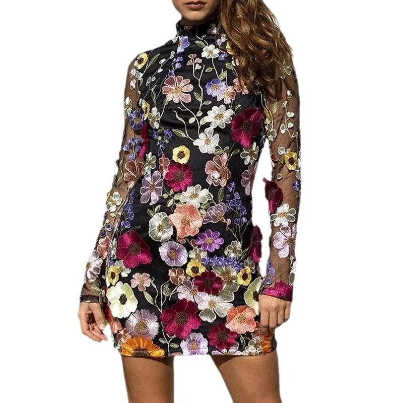 Uveng Uveng Direct Sales Three-Dimensional Flower Mesh Yarn Lace Embroidery Bag Toss Slimy Sexy Dress