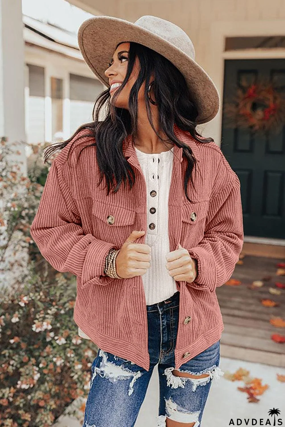 Ribbed Corduroy Long Sleeve Jacket with Pocket