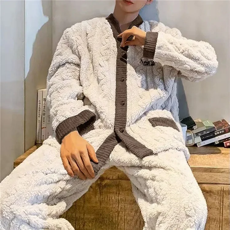 Flowingwaterpress Men'S Warm Pajama Sets Autumn Winter Thick 2 Piece Set Flannel Sleepwear Loose Long Sleeve Solid Homewear Home Clothes Sets