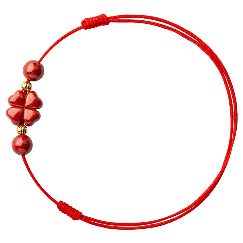 Four Leaf Clover Cinnabar Blessing Calm String Bracelet Anklet