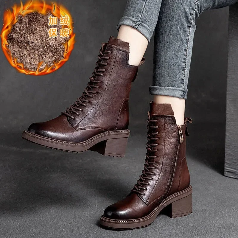 GKTINOO 2022 Cow Leather Quality Women Shoes Autumn Winter Square Med Heel Ankle Boots Lace Up Zipper Ladies Pumps Size 35-40