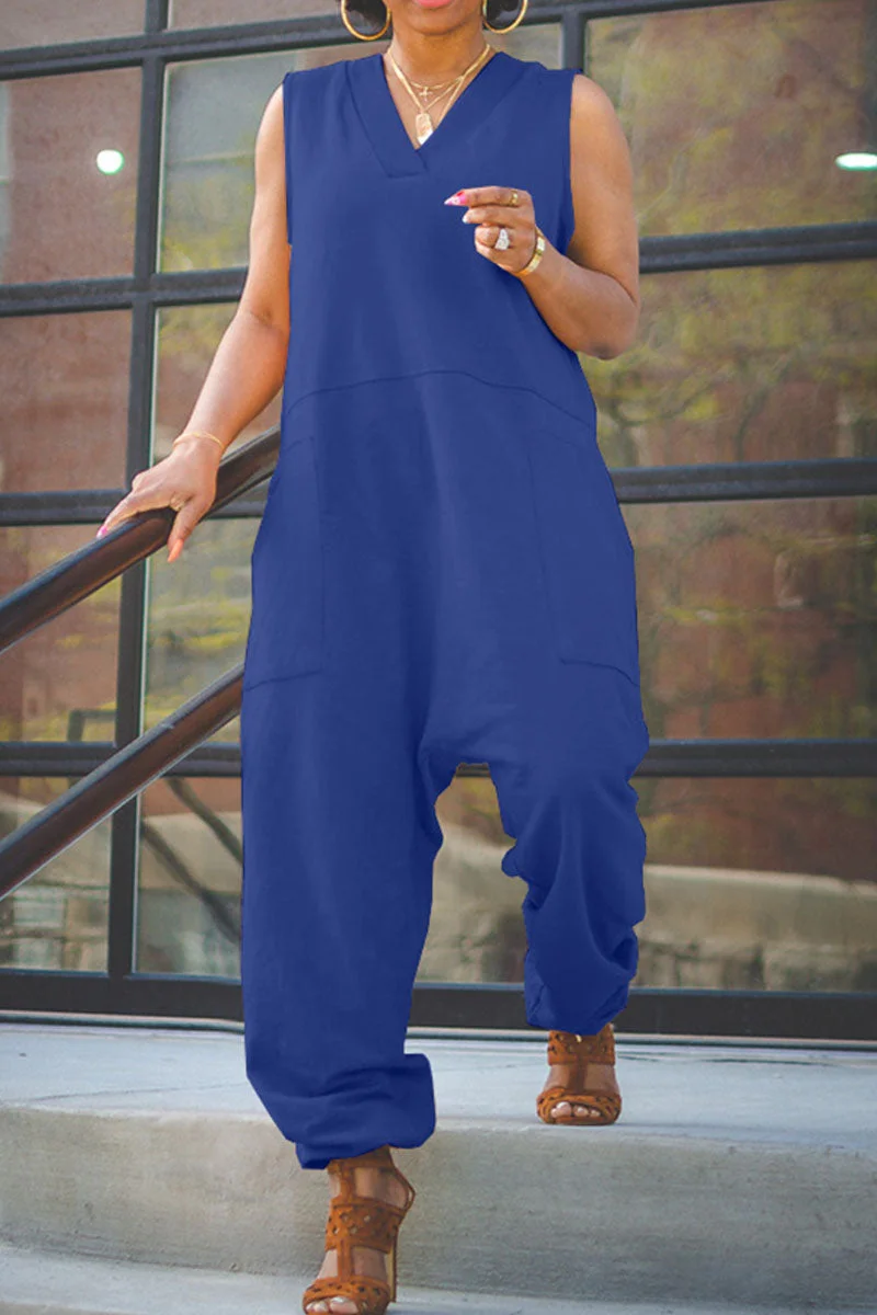 Casual Solid Patchwork V Neck Loose Jumpsuits