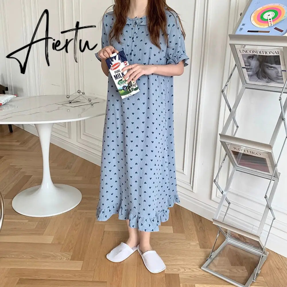 Heart Print Summer Nightgown Women O-Neck Ruffles Short Sleeve Cotton Loose Sleepwear Sweet Vintage Kawaii Homewear Purple Aiertu