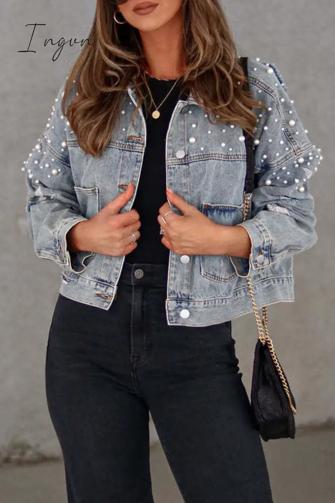 Ingvn - Casual Solid Beading Turndown Collar Long Sleeve Denim Jacket Light Blue / S Denim/Denim