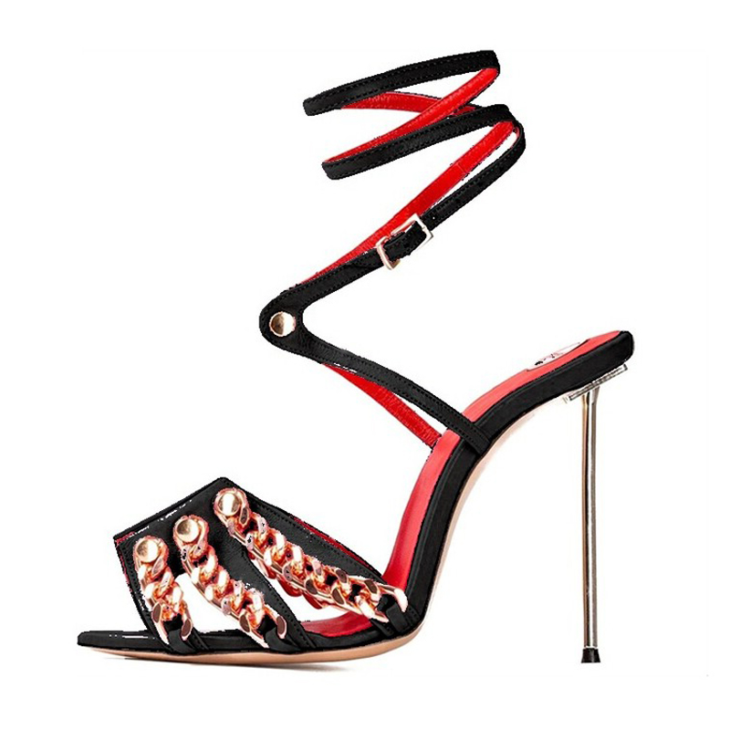 GOOSHOE Large Size 45 Wide Fit Women Dress Stiletto Sandals Metal Chain Ankle Strap High Thin Heels Party Pumps