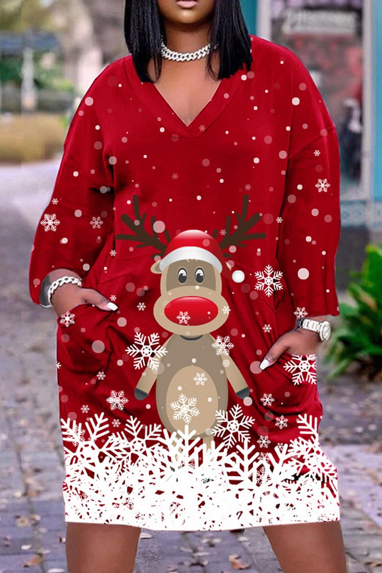 Plus Size Christmas Graphic Print V Neck Long Sleeve Midi Dress