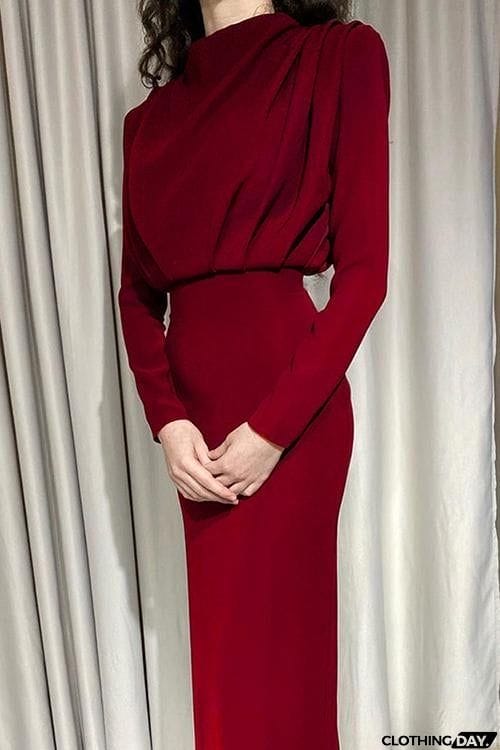 High Collar Empire Waist Long Sleeve Dress