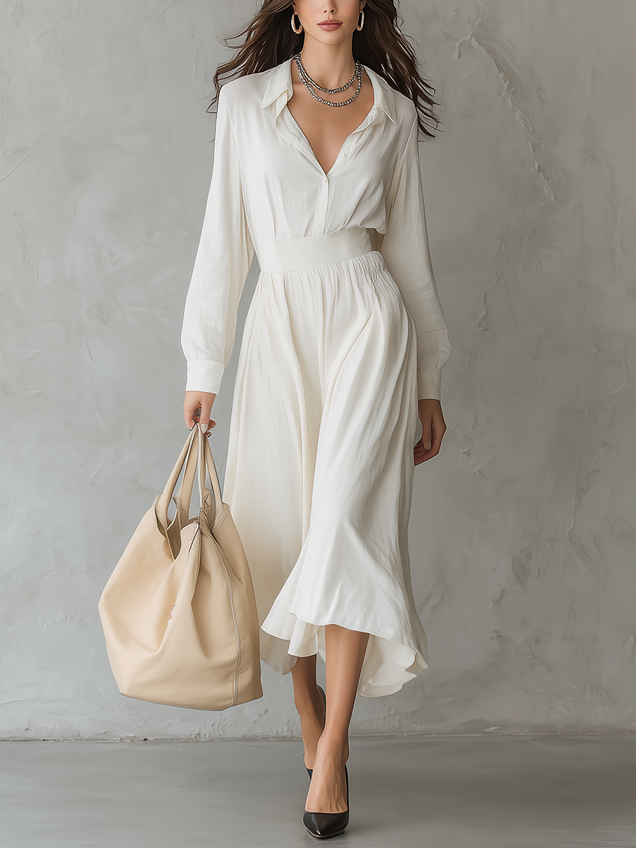 Classic Waist-Defined Flowing Midi Dress