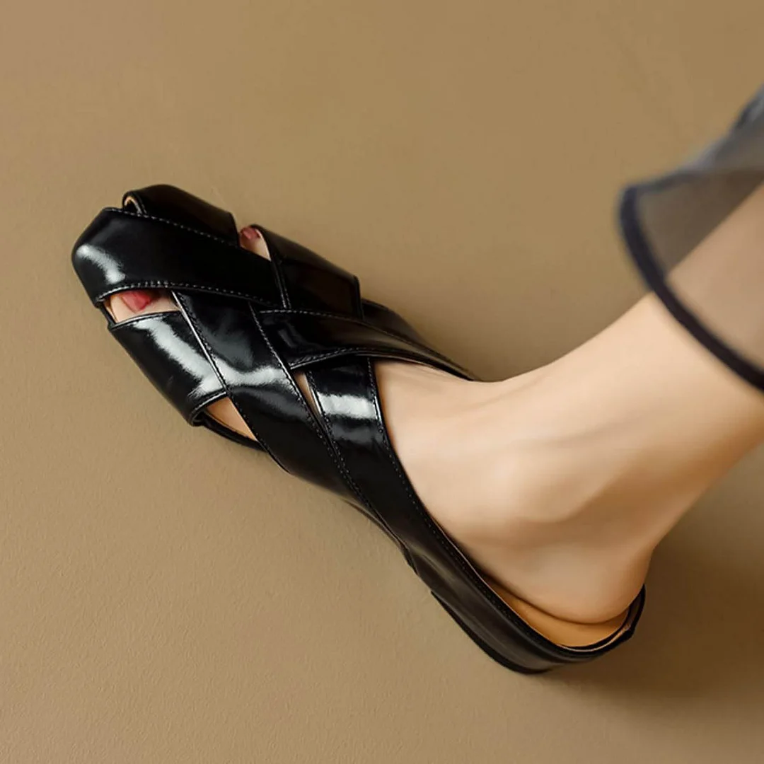 Black Vegan Leather Square Toe Woven Women's Flat Backless Mules