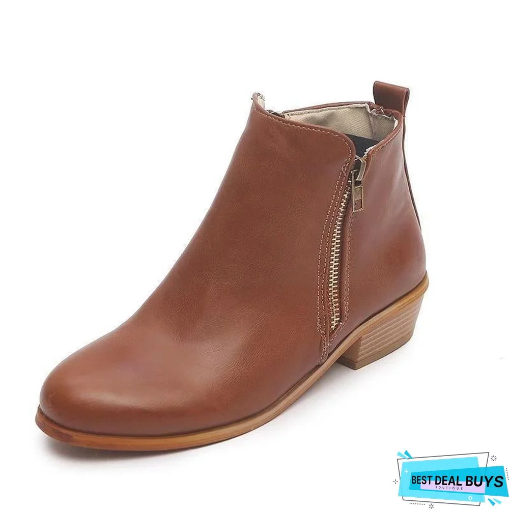 Women Side Zipper Round Toe Ankle Boots