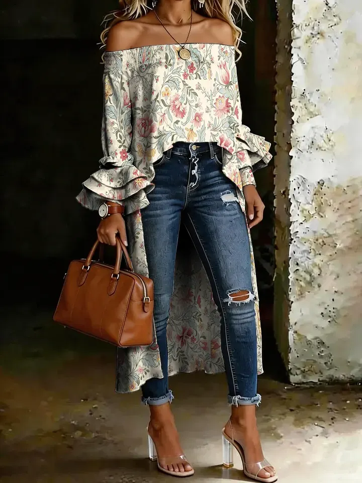 Women's Vintage Paisley Floral Art Casual Solid Color Off-shoulder High-low Cotton Shirt