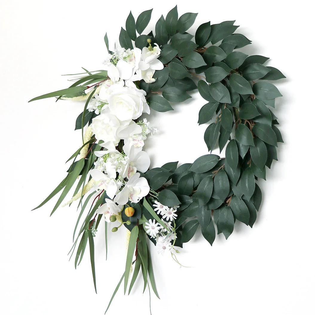 Phalaenopsis and Ficus Leaves Wreath Elegant Summer Front Door Garland