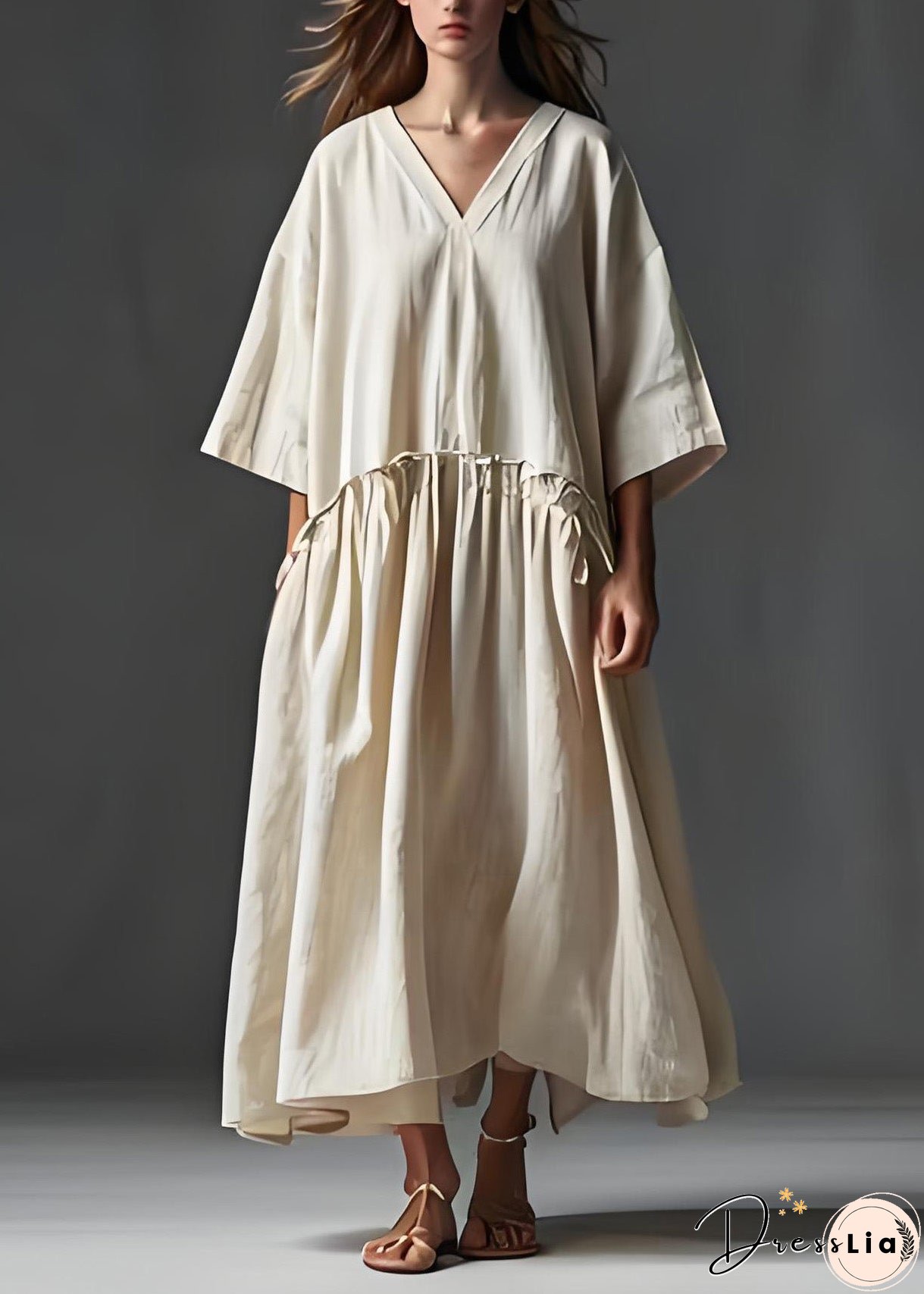Italian Beige V Neck Wrinkled Patchwork Linen Long Dress Summer