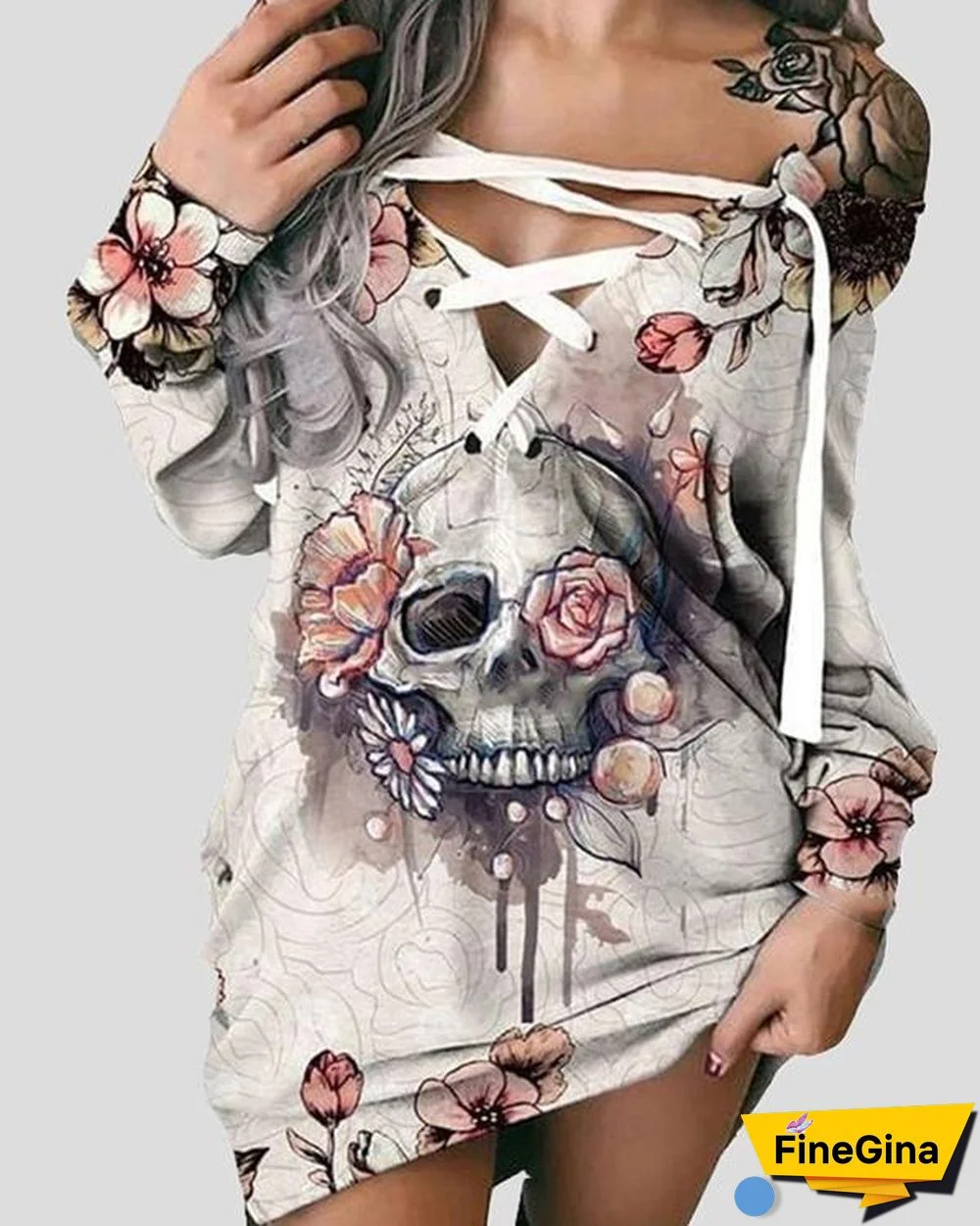 Halloween Off-The-Shoulder Printed Skull Casual Dress