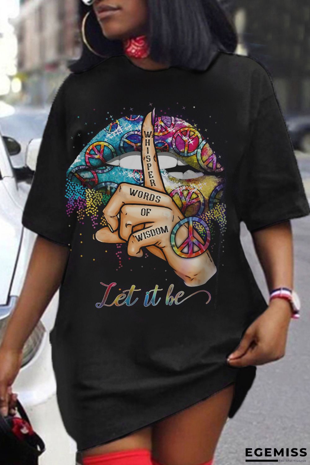 Black Fashion Casual Print Basic O Neck T-shirt Dress Dresses | EGEMISS