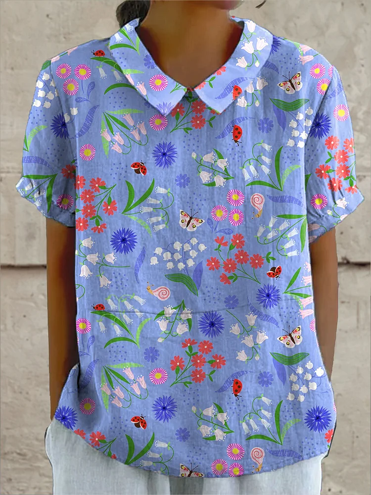 Women's Vintage Flower Art Print Casual Cotton And Linen Shirt